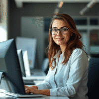 Acerca de Persona Mujer trabajando en computadora